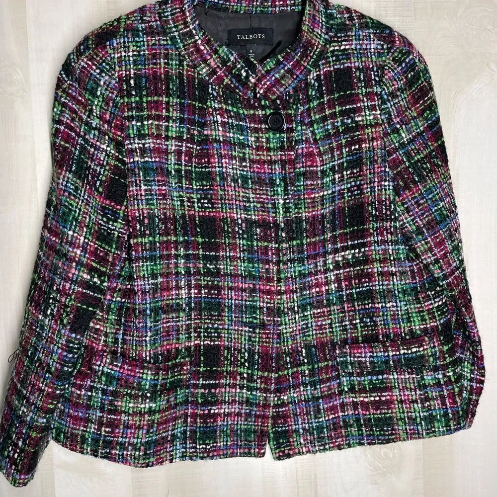 Talbots black‎ and multi color tweed blazer 3 button, size 8